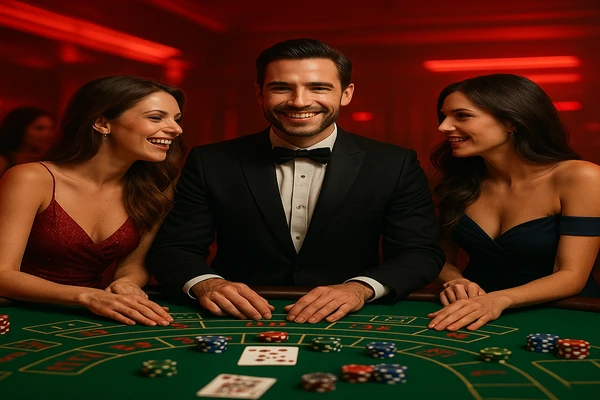 একজন পুরুষ অনলাইন গেমে জয়লাভের খুশি প্রকাশ করছেন; চারপাশে গেমিং প্রতীকগুলো ভেসে উঠছে